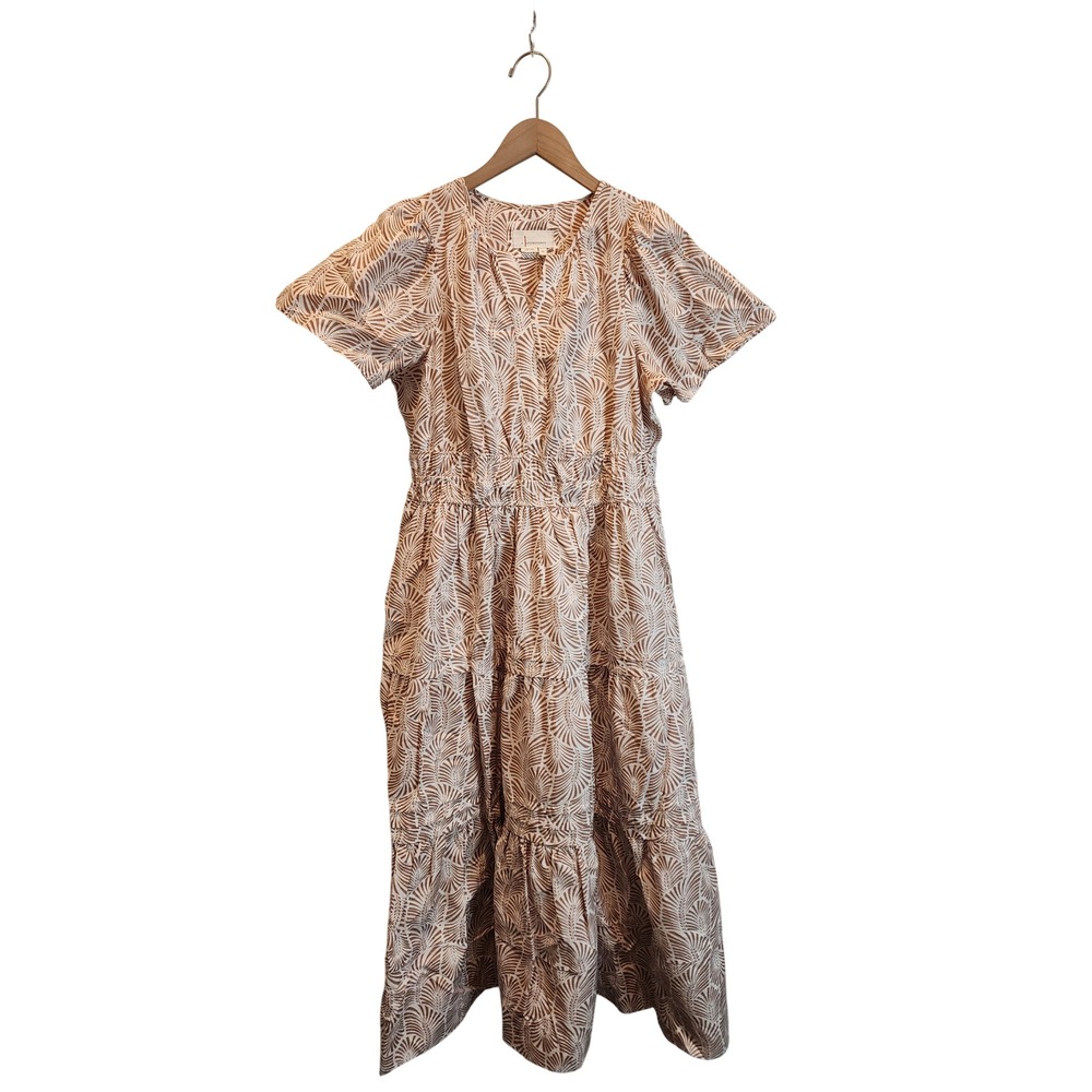 Anthropologie Somerset Maxi Dress Womens LP Tan White Palm Leaf Tiered Cotton